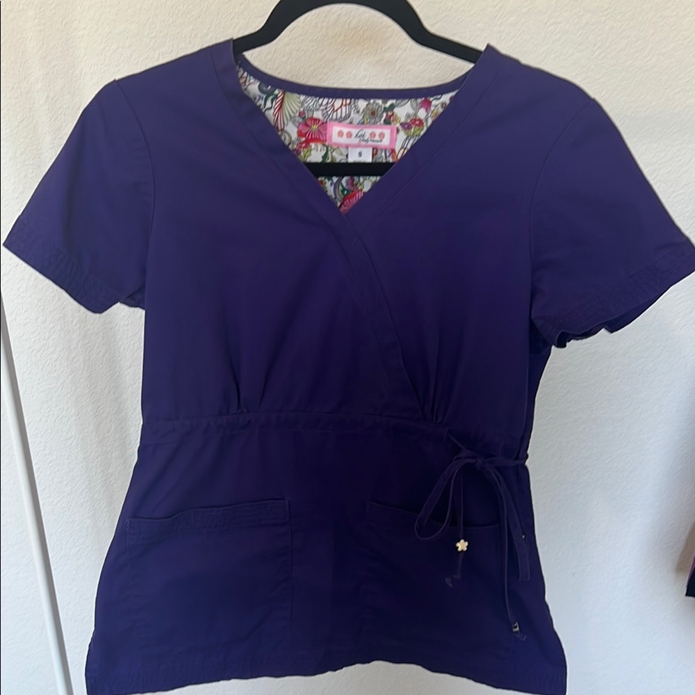 Purple Wrap Tie Front Scrub Top